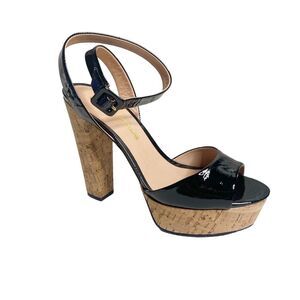 Pour La Victoire Stiletto Platform Patent Leather Cork Heels 7.5  Black Strappy